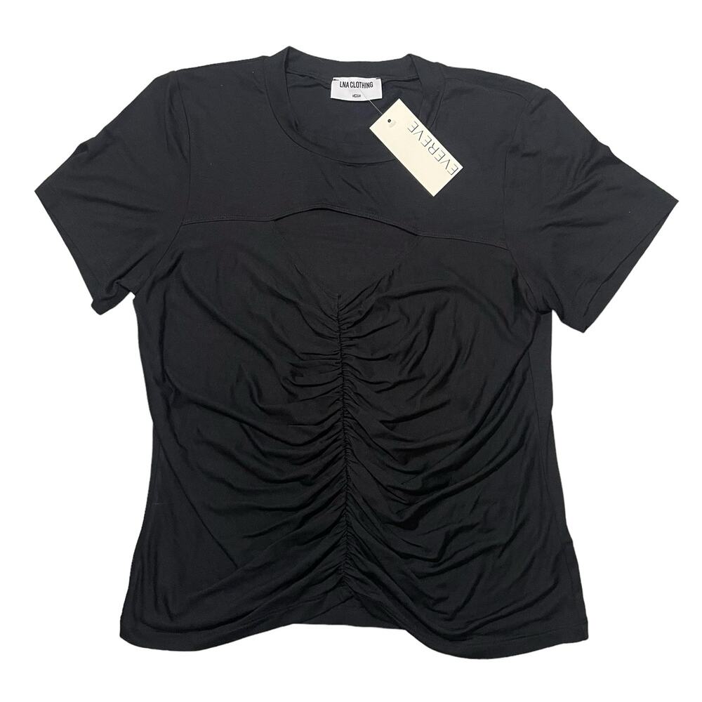 NEW LNA Juliana Cut Out Top Ruched Stretch Jersey Fabric Black USA Size Medium